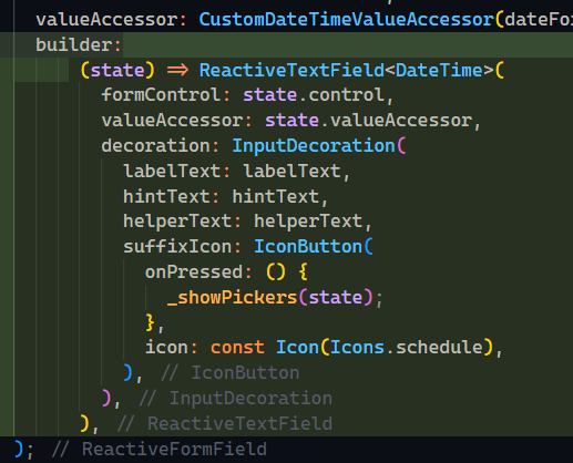 Reprevise's tweet image. the new dart formatter is... interesting. i like what they did with null-coalescing, commas, and constructors but what they did with closures should be a criminal offense