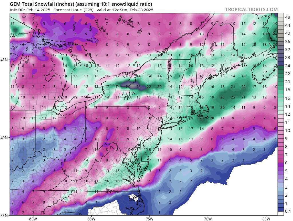 Really liking the mid-Atlantic for next week's potential.  Red area has the highest risk for heavy snow, the way I see it right now.

The yellow area has more uncertainty.  The southern areas could see more in the way of icing or mix.  Western sections may be too far west.