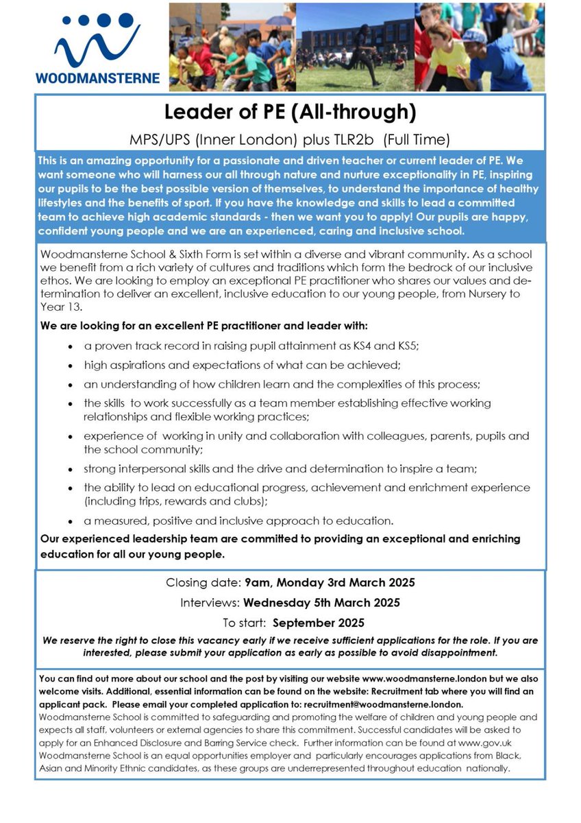 We have a new opening for Leader of PE (all-through). Click the link for more details on how to apply. woodmansterne.london/Leader-of-Busi…
