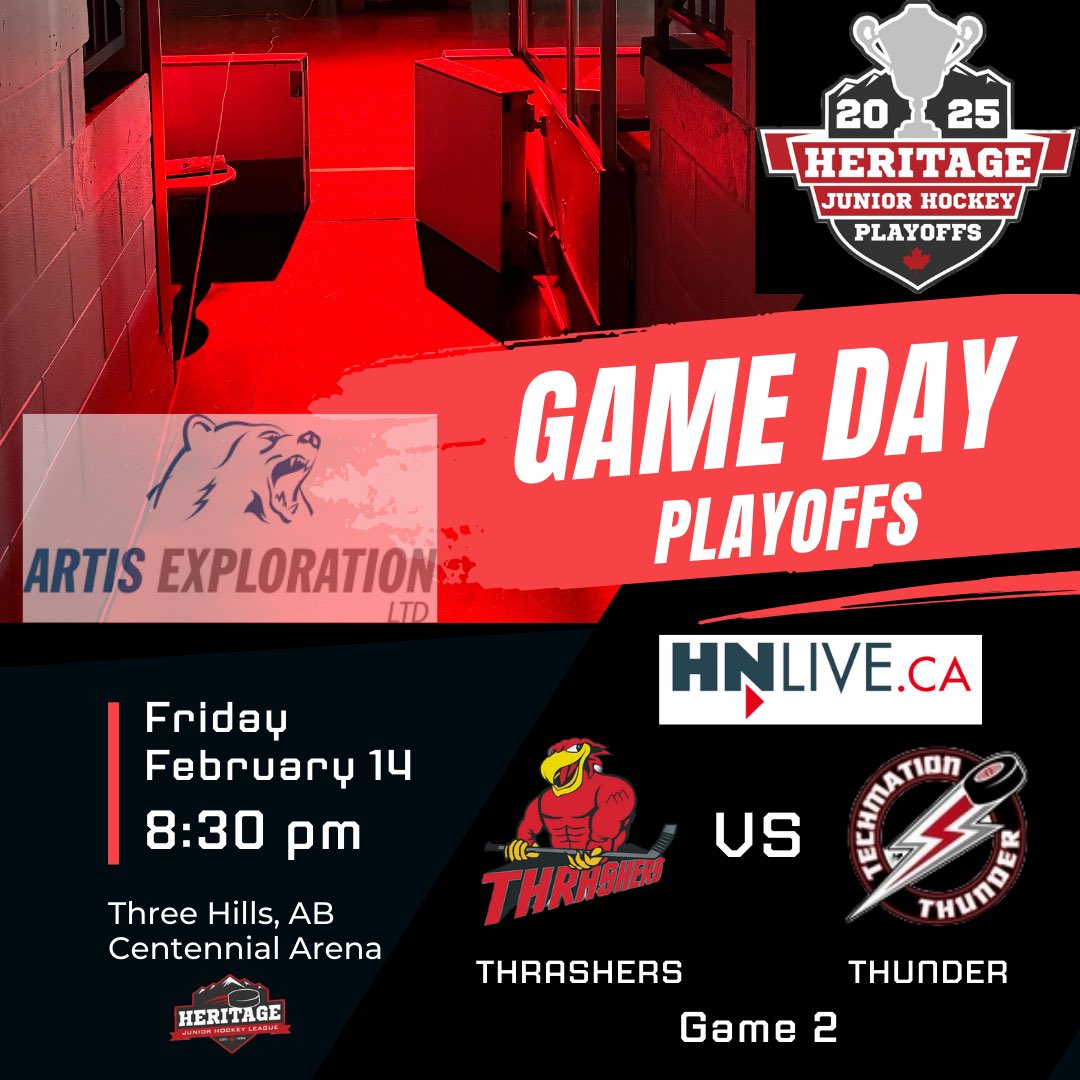 🚨 PLAYOFF GAME DAY! 🚨

Tonight at Centennial Place, the Thrashers are ready to throw down with the Airdrie Thunder in Game 2 of this first-round playoff battle! 🏒⚡ Puck drops at 8:30 PM, and trust us—you don’t want to miss this baby.