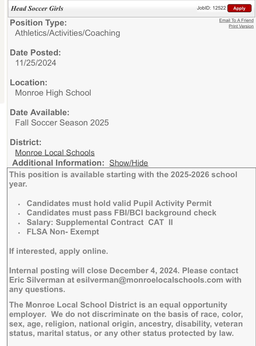 🐝⚽️Monroe High School is looking for a girls varsity head soccer coach. Information is below or feel free to reach out to me and I can direct you to the right person! 🐝⚽️