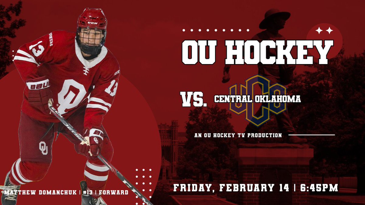‼️IT’S HOCKEY NIGHT IN OKLAHOMA‼️

⚔️: Central Oklahoma @ #19 Oklahoma
📍: Arctic Edge Ice Arena
🕖: Puck Drop at 7:00PM Central
📺: OU Hockey TV on <a href="/YouTube/">YouTube</a> 
🔗: youtube.com/live/IX7BGAcEp…