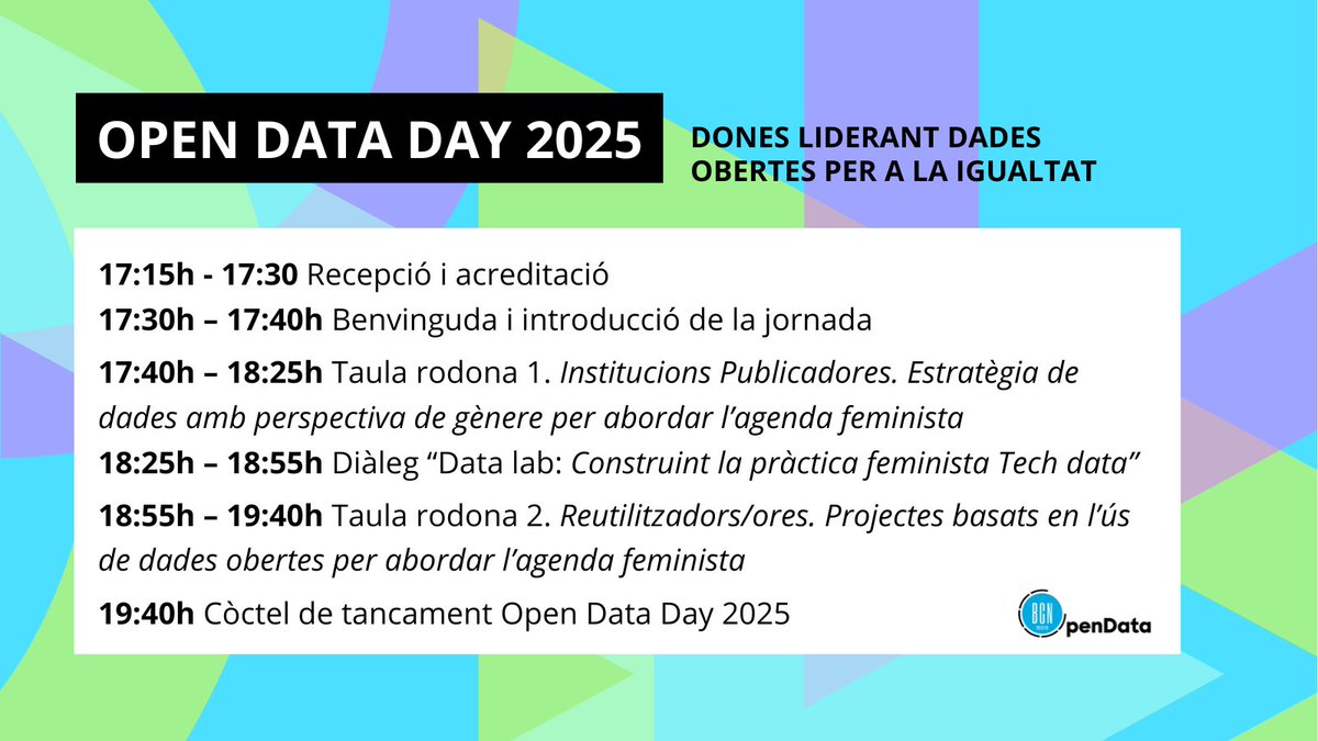 🚀Programa de l’#OpenDataDay 2024
👀Tema? “Dones liderant #DadesObertes per a la igualtat” 
🔎Què hi descobriràs? dones referents de l'ecosistema open data que lideren projectes per tractar l'agenda feminista.
🗓️6/3
⏰17:30h 
📲+ info i Inscripcions: 👉bit.ly/NotODD25