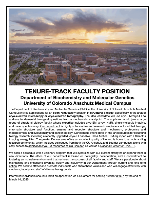 LabVogeli's tweet image. TENURE-TRACK FACULTY POSITION
Department of Biochemistry and Molecular Genetics
University of Colorado Anschutz Medical Campus. #EM #Structural @CUAnschutz @CU_BMG