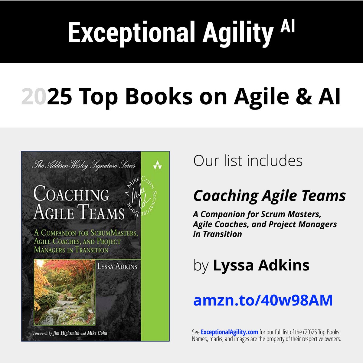 EA_x_AI's tweet image. Top 25 books on agile and AI includes &quot;Coaching Agile Teams: A Companion for Scrum Masters,    Agile Coaches, and Project Managers  in Transition&quot; by Lyssa Adkins 👉 amzn.to/40w98AM

See exceptionalagility.com/blog/files/top… for the full list

#Agile #CoachingAgile #ExceptionalAgility