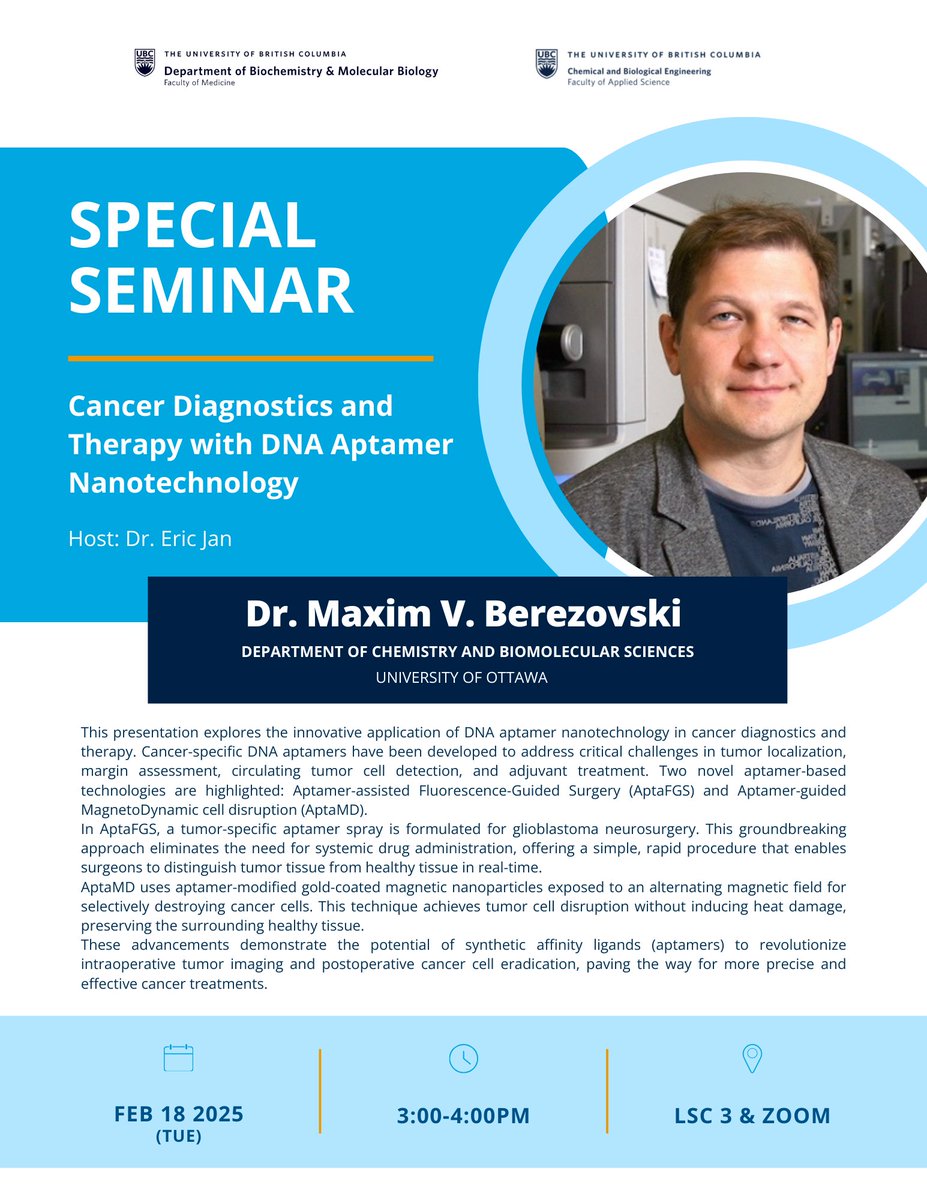 📢Special Seminar!  

Join us next Tuesday for an in-person presentation by Dr. Maxim Berezovski, Professor, Department of Chemistry and Biomolecular Sciences, University of Ottawa, hosted by Dr. Eric Jan.  

📷 February 18 , 3PM  in LSC3   

Hope to see you there!

<a href="/CHBEUBC/">CHBE at UBC</a>