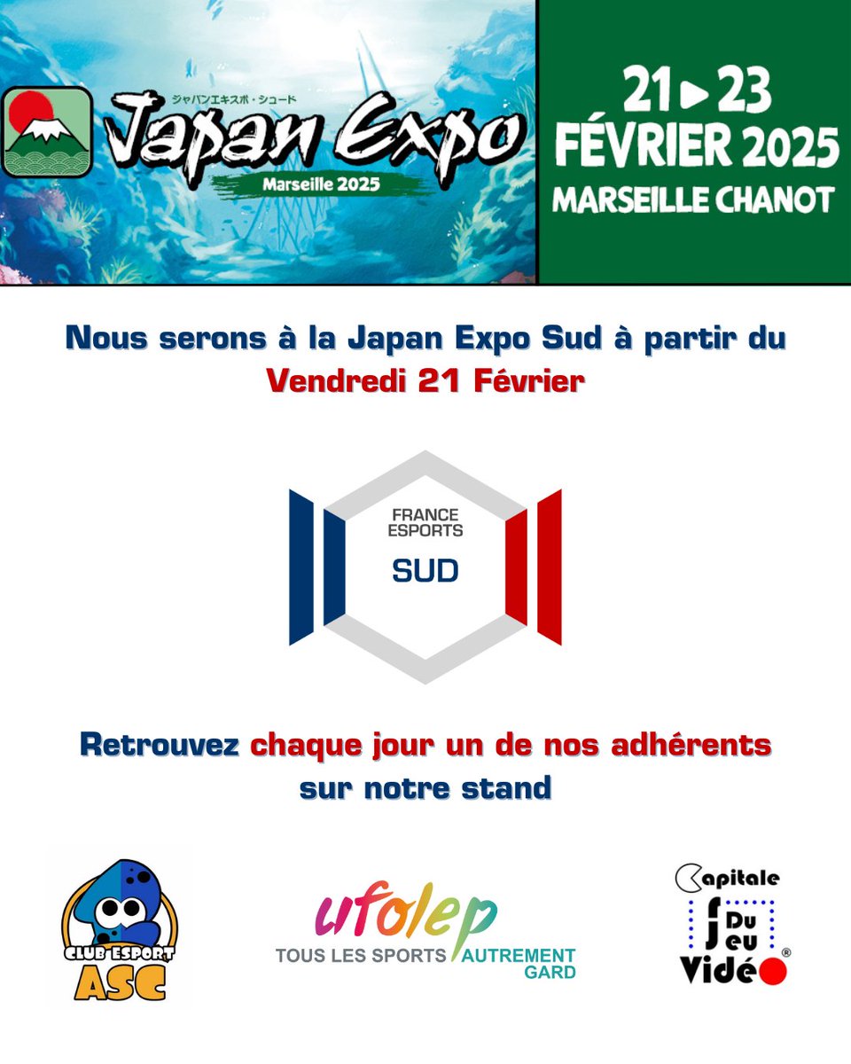 France Esports Sud (@fe__sud) on Twitter photo 🏔 On se retrouve dès vendredi 21 février à <a href="/JapanExpoSud/">Japan Expo Sud</a> à Marseille ☀️
Chaque jour nous mettrons en avant un de nos adhérents :
- vendredi : <a href="/ufolep30/">ufolep30</a>
- samedi : <a href="/Club_ASC_Esport/">Club ASC Esport</a>
- dimanche : Capitale du Jeu Vidéo
➡️ Venez nous rencontrer sur notre stand D032 au Hall2 🏔 On se retrouve dès vendredi 21 février à <a href="/JapanExpoSud/">Japan Expo Sud</a> à Marseille ☀️
Chaque jour nous mettrons en avant un de nos adhérents :
- vendredi : <a href="/ufolep30/">ufolep30</a>
- samedi : <a href="/Club_ASC_Esport/">Club ASC Esport</a>
- dimanche : Capitale du Jeu Vidéo
➡️ Venez nous rencontrer sur notre stand D032 au Hall2