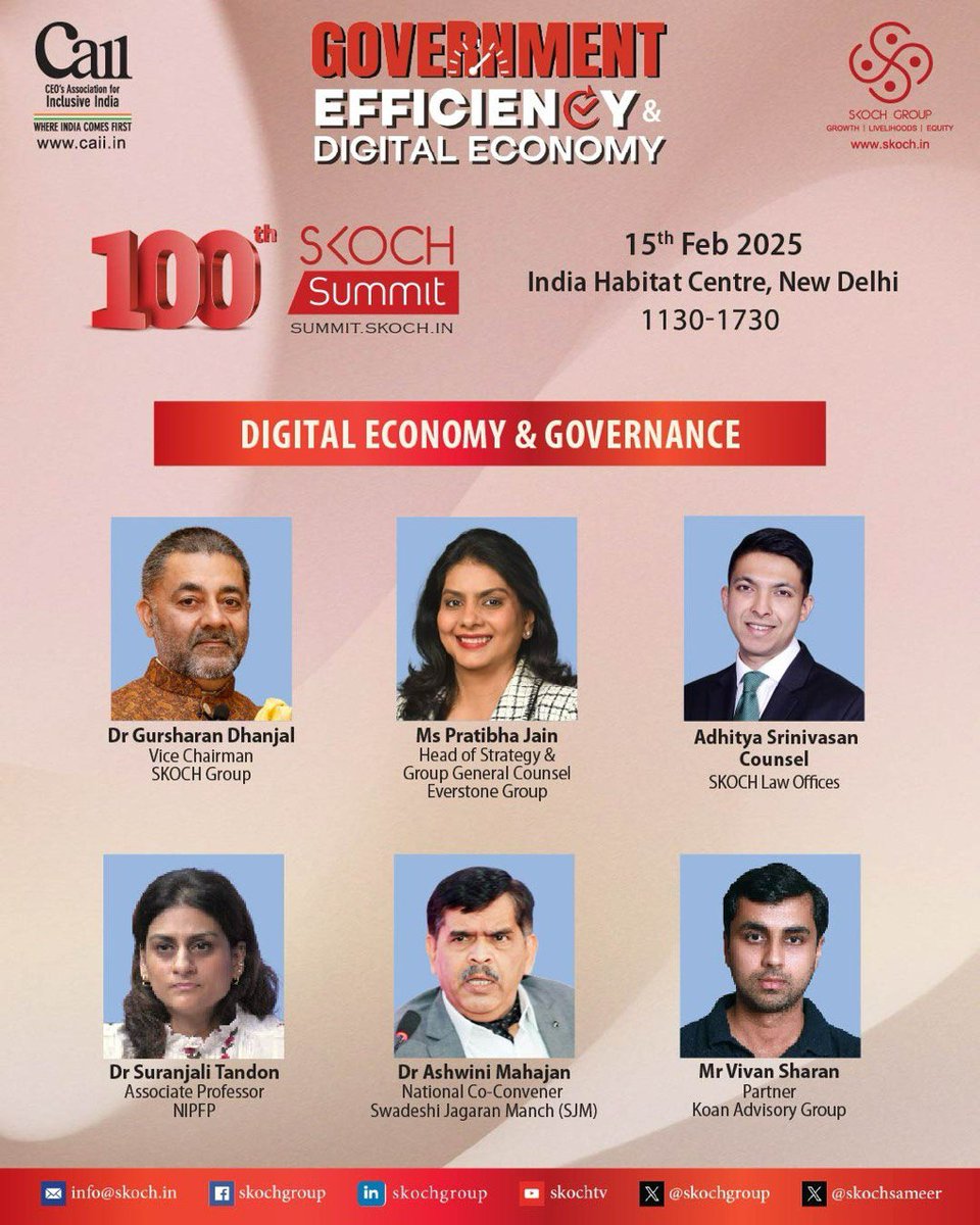 Celebrating 100 editions of impactful policymaking!

The 100th #SKOCHSummit dives into Government Efficiency &amp; Digital Economy, shaping India’s future. Join us on 15th Feb, 11:30 AM for transformative insights.  

Watch live:summit.skoch.in

#Skoch100 #DigitalEconomy