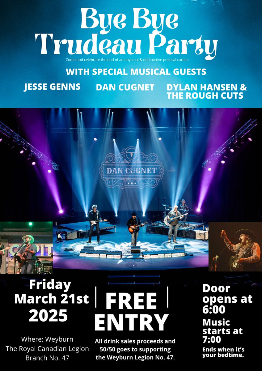 incugneto's tweet image. Friday March 21st is the day!

The “Bye Bye Trudeau Party” will be held at the Weyburn Legion.
No charge at the door.
Doors open at 6:00.
Music starts at 7:00.
Ends as late as you want it to.

All drink sales &amp;amp; 50/50 proceeds go towards benefiting our local Legion. 

Come…