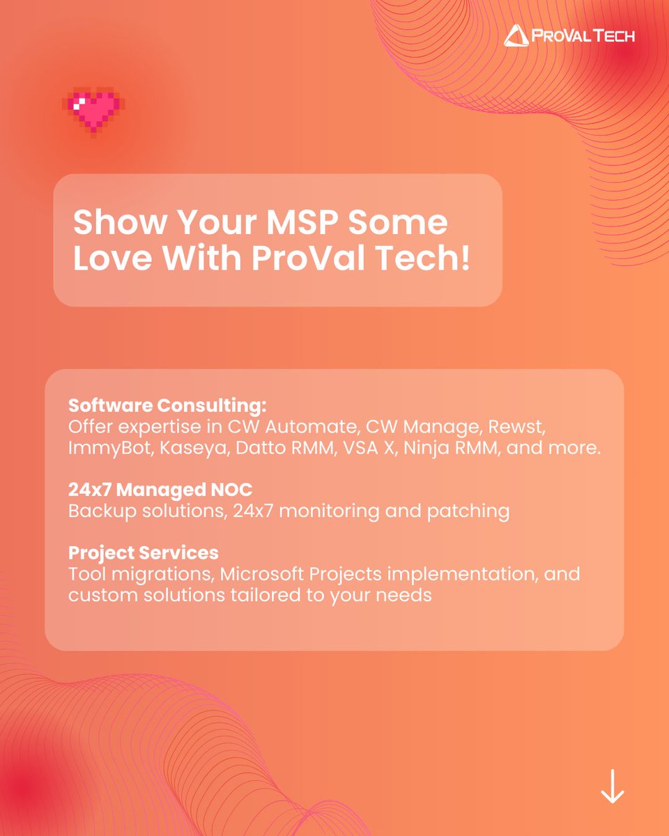 provaltech's tweet image. Happy Valentine’s Day! Give your MSP business the expert care it deserves. At ProVal Tech, we're the "everything guys"—experts in everything IT-related for MSPs! 
#MSPSupport #ProValTech #TechServices #MSP #ConnectwiseRMM