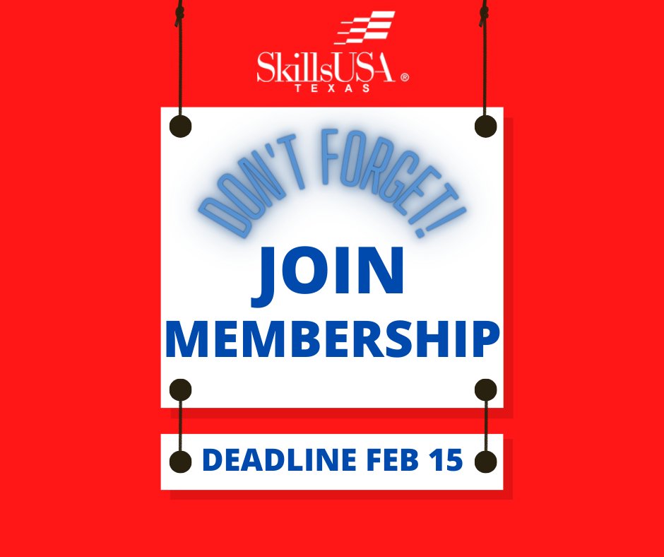 Tomorrow is the deadline to JOIN your membership in order to compete this contest season. Please be sure your information is complete and you have clicked JOIN and gotten an INVOICE. skillsusa-register.org