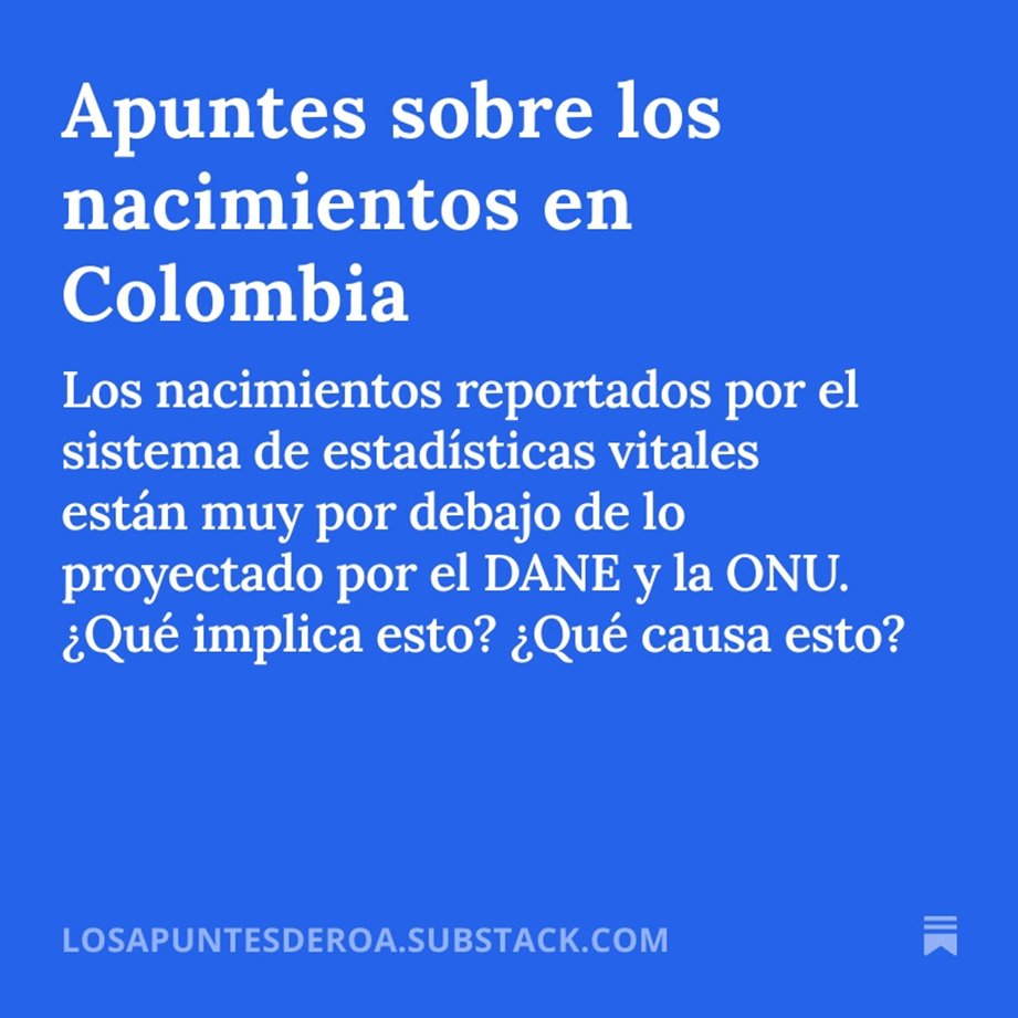 Amigos! 
Este año me anime a escribir.
Les comparto con ustedes la primera entrada de mi Substack: "Los apuntes de Roa". Va sobre la noticia de 2024: el colapso en los nacimientos en Colombia. 
Acá el link: shorturl.at/bIEwe
Espero sea de su agrado. ¡Subscribanse!