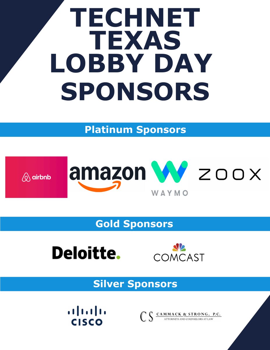 TechNetSouth's tweet image. A special thank you to our sponsors for supporting our Texas Lobby Day! Your support helped make the full day of advocacy on behalf of the entire innovation economy a success! @amazon @Airbnb @Waymo @zoox @Deloitte @comcast @Cisco &amp;amp; Cammack &amp;amp; Strong