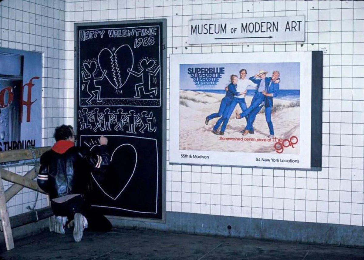 SVA_News's tweet photo. Happy Valentine's Day from us to you! These photos from 1983 show our beloved alumnus Keith Haring drawing in the 5th Ave/53rd St. station of the NYC subway. https://t.co/62vIulWU5A