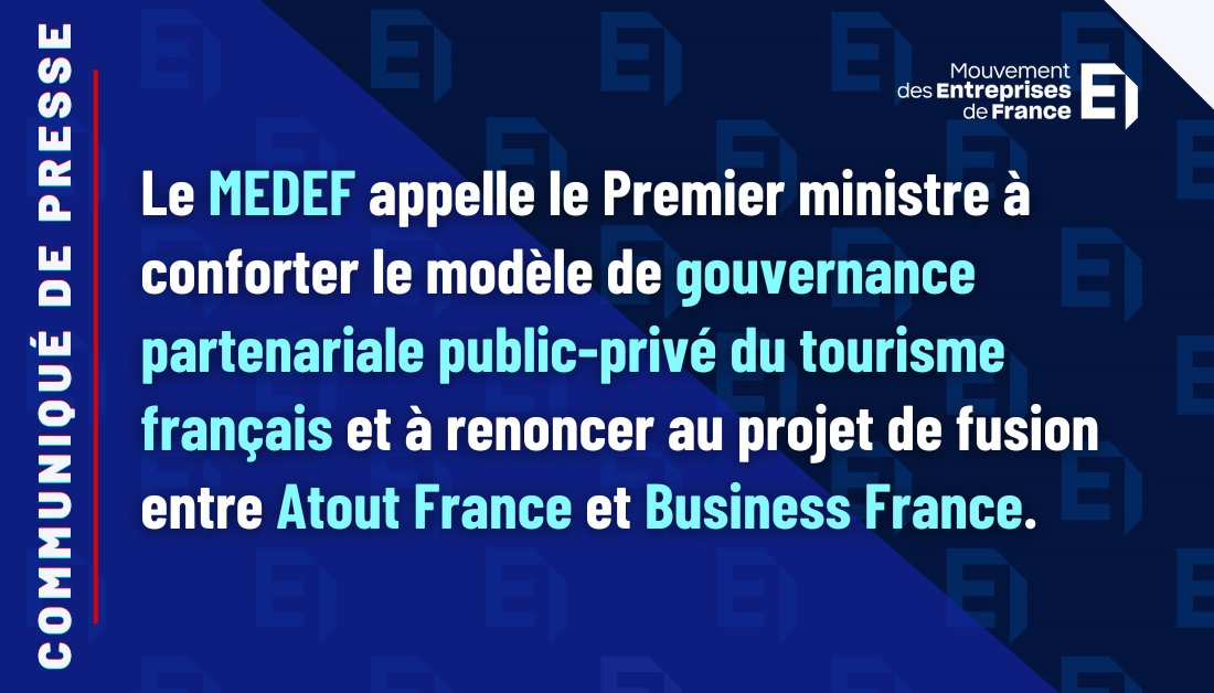 COMMUNIQUÉ | Le @Medef appelle à préserver le modèle de gouvernance partenariale du #tourisme français.
Lire le communiqué : urlr.me/vF6j9B