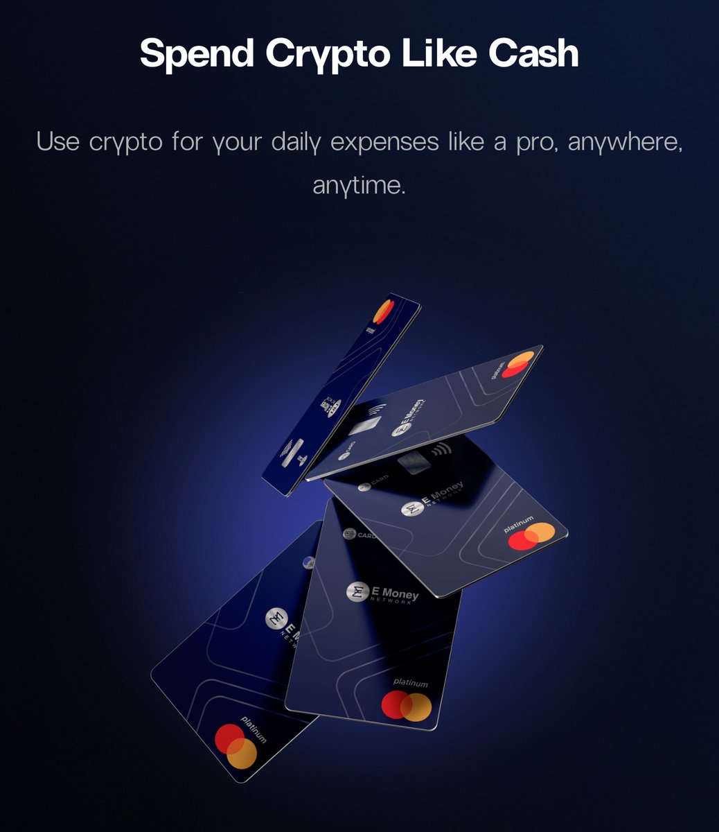 Ready to spend your crypto in the real world? Meet E Money Card and enjoy  ⤵️ ▸ Up to 2% unlimited cashback on every purchase ▸ Up to $500K daily limit  ▸