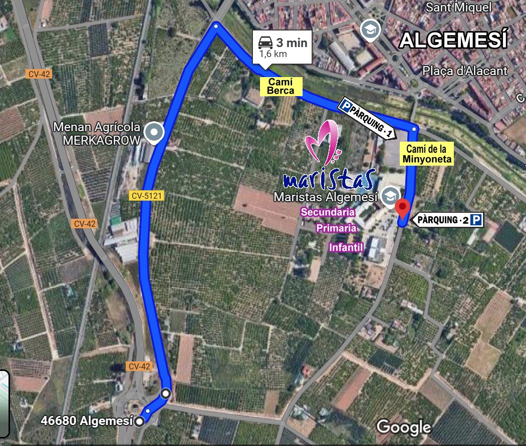 Mañana, 15 de febrero, jornada de #PuertasAbiertas en @MaristaAlgemesi para Infantil y Primaria.
Si nunca has venido a nuestra casa, aquí tienes cómo se llega
CV-5121/ Camí Berca/ Camí Minyoneta/ Pàrquing 2
¡Os esperamos!
#ViuMaristes
#LaFamíliaQueEsTria
google.com/maps/dir/39.17…