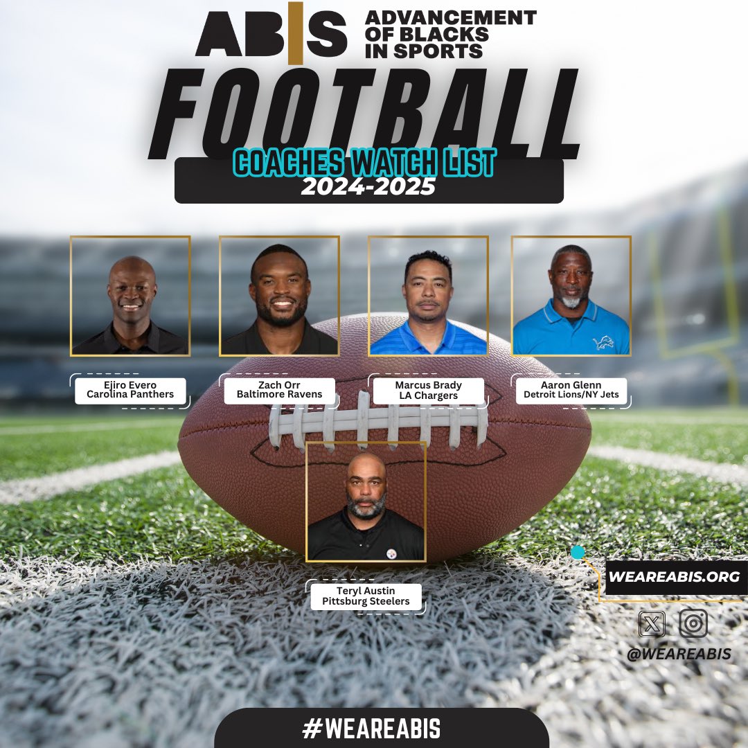 🌟 Exciting News: The 2025 ABIS Football Coaches Watchlist is here! 

This year, we celebrate an exceptional group of Black coaches, including Super Bowl Champions, the first Black Head Coach in the FBS National Championship, and a first-time Celebration Bowl Champion! #weareabis