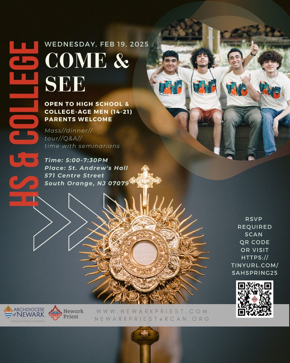 High-school and college-bound men ages 14-21: Curious about what seminary life is all about? COME AND SEE on February 19!

Register here: 
newarkpriest.com/comeandsee