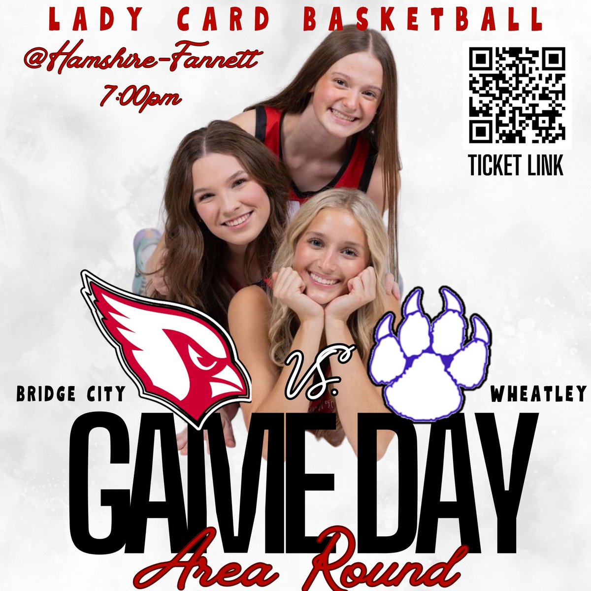 GAMEDAY!!!  Area Round.  
7:00 pm 
at Hamshire-Fannett HS
vs Houston Wheatley
#AllGasNoBrakes
<a href="/BridgeCityHS/">Bridge City HS</a> <a href="/BridgeCityCards/">Bridge City Cardinal Athletics</a> <a href="/TXHSGBB/">#TXHSGBB—TXHSGBB.com</a> <a href="/Tabchoops/">𝙏𝘼𝘽𝘾🏀📋</a>