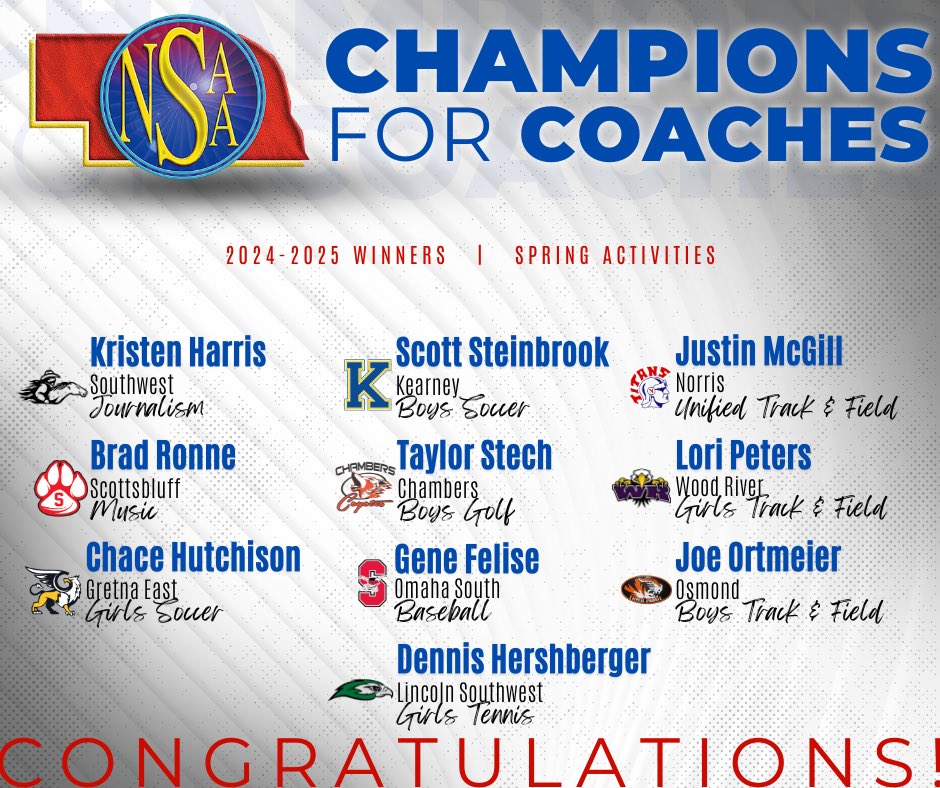 🏆 Champions for Coaches go the extra mile for their schools and communities, making a lasting impact on students across Nebraska. 

These individuals will be honored at halftime of the Boys Basketball Championship on March 14th.

See the full story here: bit.ly/40YGzMH