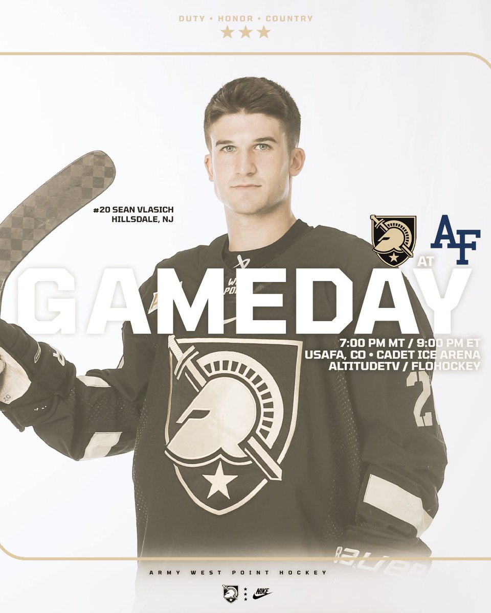 ArmyWP_Hockey's tweet photo. GAMEDAY. Same mission on the road 🪖

🆚 Air Force
⏰ 7:00 PM MT / 9:00 PM ET
📍 USAFA, Colo.
📺 @AltitudeTV 
💻 https://t.co/bqKwp2wUFm
🎙️ https://t.co/vDVdIvqR5I
📊 https://t.co/jegnEcpf4U.

#GoArmy #BeatAirForce https://t.co/ng3WdeuklS