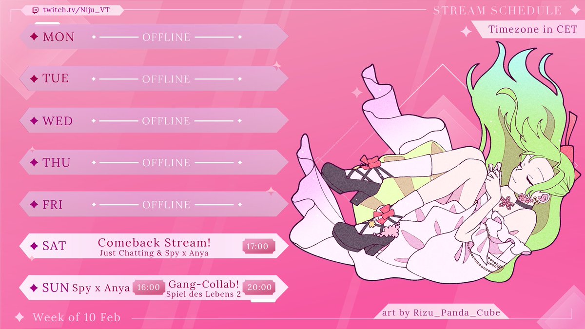 🎀Ein wilder Streamingplan greift an🎀

WHA-WHA-WHAT?! Ihr habt richtig gesehen!
I'm back, baby - wir spielen endlich Spy x Anya und dann gibt's noch 'ne Gang-Collab mit den üblichen Verdächtigen <a href="/Evilpie/">Enten Pie</a>, <a href="/GamingQuitte/">Gaming Quitte</a> &amp; <a href="/xCharly/">Charly Vee | Vtuber</a> 💚

twitch.tv/niju_vt