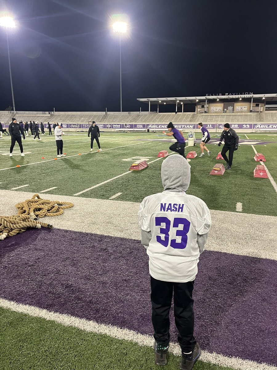 SamFerg_UTTyler's tweet photo. Champions are made in the dark, when no one is looking…except for maybe Russell Lorfing of @Keith_Lorfing and Kaden! @ACUFootball is putting in the dirty, hard work that @Shep71 speaks of. Thanks to Russell for supporting us and coming out this morning! https://t.co/MruQozd4Fq