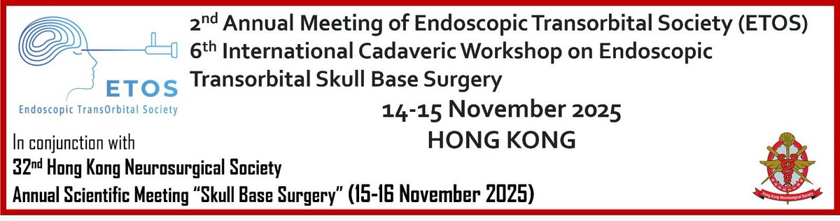 calvinmakhk's tweet photo. Good morning New Orleans #NASBS2025 , after leaving from Fujita Hospital Seminar in Nagoya with Prof Yoko Kato. #ACNS
Excited to announce #ETOS Annual meeting, #transorbital cadaver workshop & #HKNS ASM, 14-16 Nov in Hong Kong!
Pre-registration:
https://t.co/xVHEJHtK3x https://t.co/5FytHKjk5q