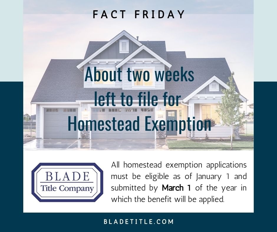 BladeOffices's tweet photo. #FactFriday 🏠Property owners can for exemption in the county where the property is located. The deadline to file for exemption is March 1, 2025. If you're thinking of closing on a property, the Blade Title team is here to help you with a smooth transaction. Call us at 954-429... https://t.co/Vc4ul3cn12