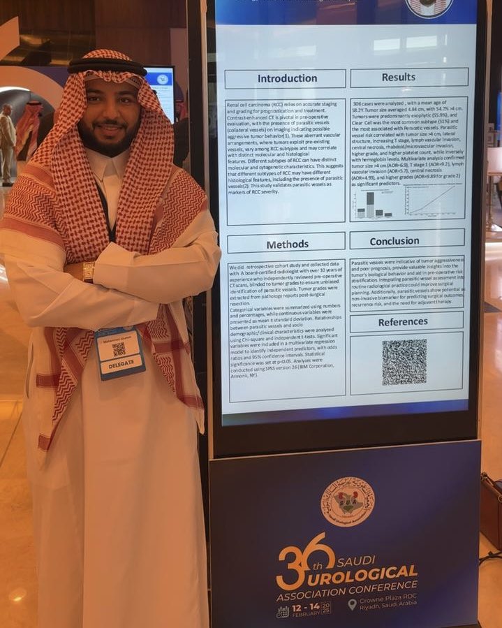 MASALSALEM's tweet photo. I had the honor to have attend the #SUAC2025 and present our research poster titled "Correlation of Renal Cell Carcinoma Grade and Presence of Parasitic Vessels on Pre-Operative CT
Scans". https://t.co/kOJJ9B9MoF