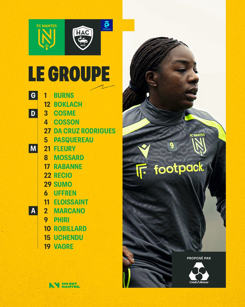 FCN_Feminines's tweet photo. 𝗟𝗲 𝗴𝗿𝗼𝘂𝗽𝗲. 📋
🆚 Le Havre AC [J15]

⏱️ Samedi à 17h
🏟️ Stade Marcel Saupin

#OnEstNantes #ArkemaPL #FCNHAC https://t.co/yFUHUwuOAp
