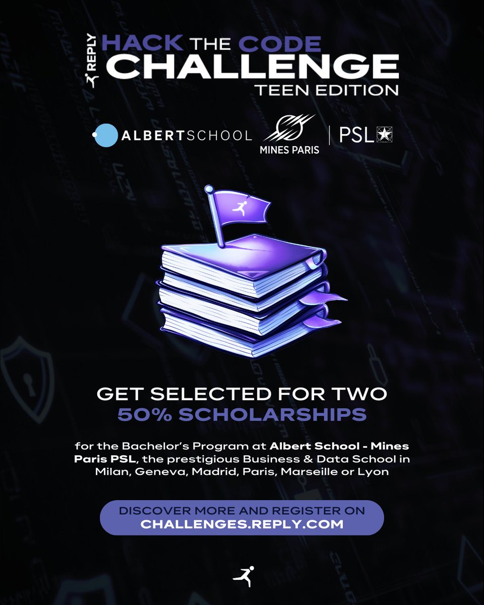 Reply Challenges (@replychallenges) on Twitter photo We are proud to announce our partnership with the prestigious <a href="/AlbertSchool/">Albert School</a> to offer a 50% Bachelor's Scholarship to two outstanding high school students among the top five teams in the #ReplyHackTheCodeChallenge β Teen Edition! π
Register on replychallenges.com/HackTheCode π₯ We are proud to announce our partnership with the prestigious <a href="/AlbertSchool/">Albert School</a> to offer a 50% Bachelor's Scholarship to two outstanding high school students among the top five teams in the #ReplyHackTheCodeChallenge β Teen Edition! π
Register on replychallenges.com/HackTheCode π₯