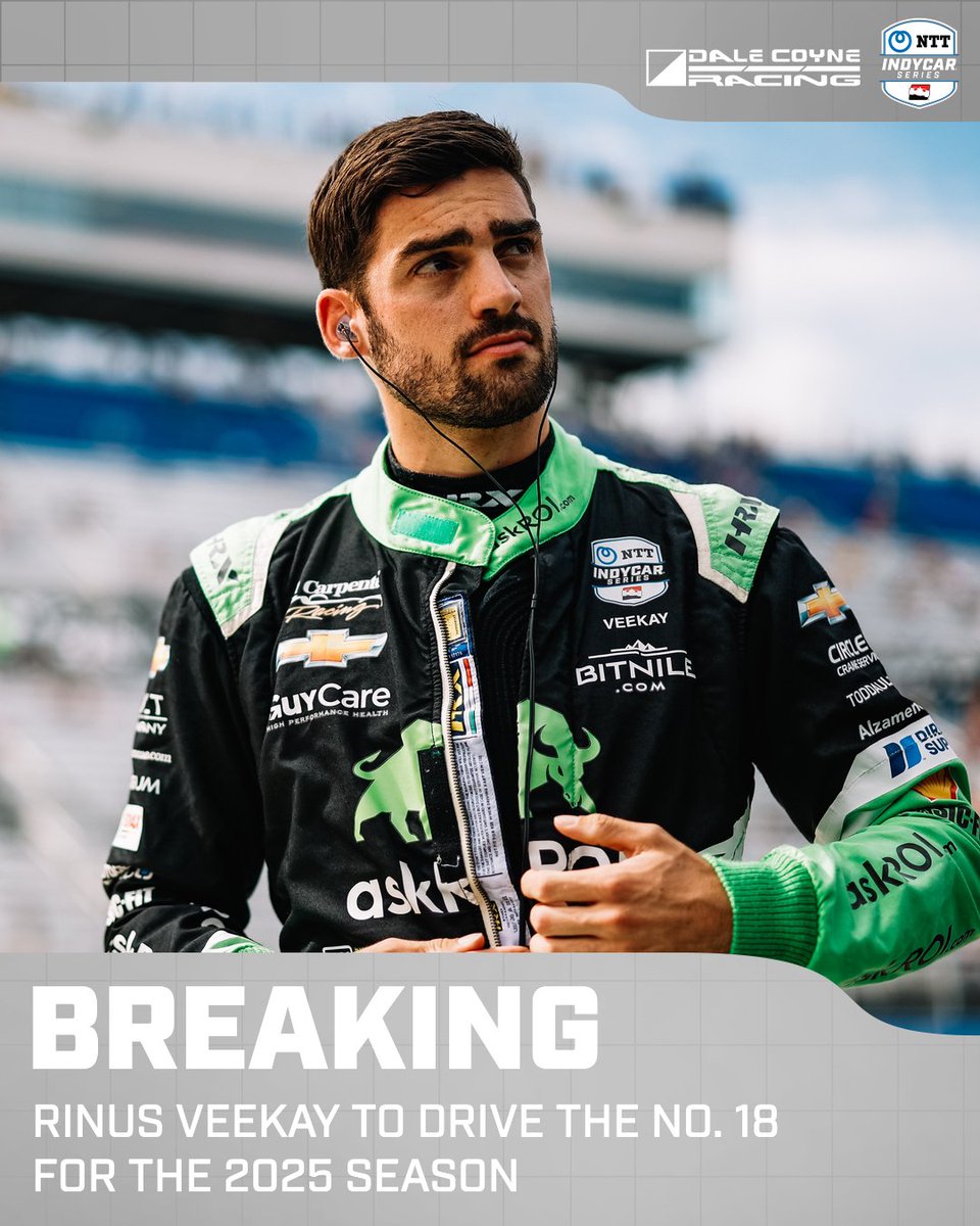 NTT INDYCAR SERIES (@indycar) on Twitter photo NEWS: He's BACK!
<a href="/rinusveekay/">Rinus VeeKay</a> is joining <a href="/DaleCoyneRacing/">Dale Coyne Racing</a> to drive the No. 18 full time for the 2025 season. NEWS: He's BACK!
<a href="/rinusveekay/">Rinus VeeKay</a> is joining <a href="/DaleCoyneRacing/">Dale Coyne Racing</a> to drive the No. 18 full time for the 2025 season.