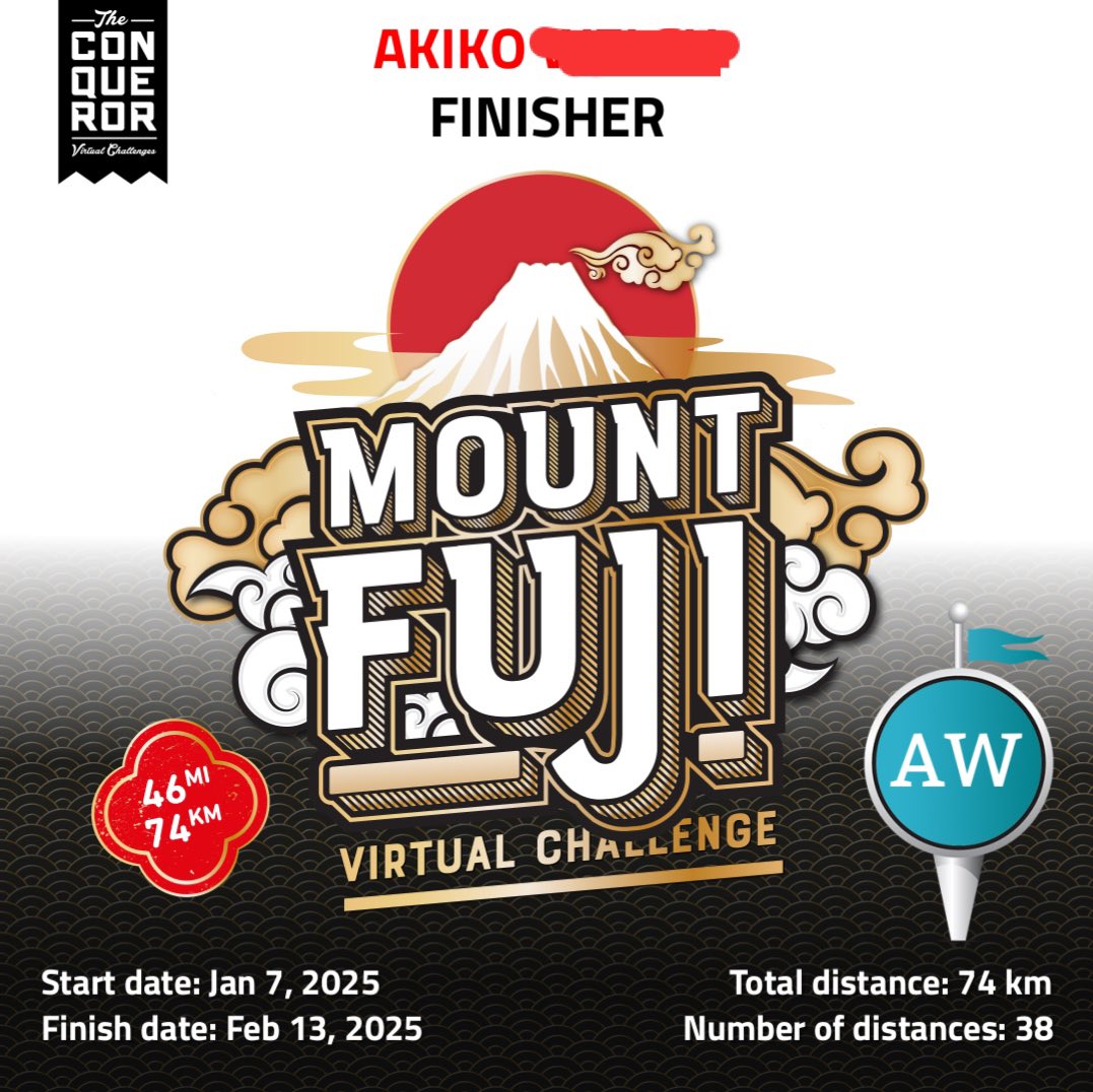 akko1972's tweet image. The Conqueror Virtual Challenge
富士山の周りをグルッと歩くバーチャルチャレンジ。
トレッドミルでウォーキング。
毎日仕事の後にぼちぼちやって7週間でフィニッシュ。
メダル届くの楽しみ😃🥇

 #TheConquerorChallenge