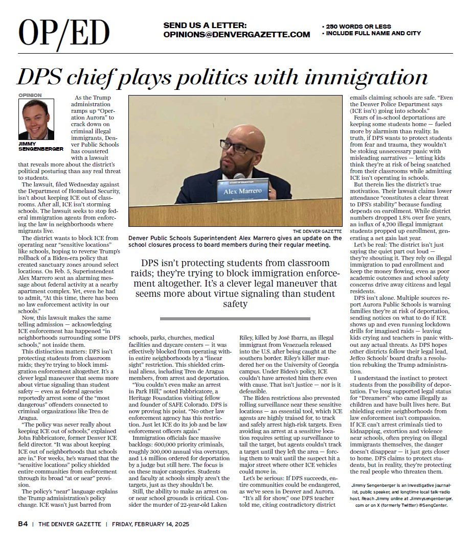 SengCenter's tweet photo. Denver Schools sues to stop ICE. But even @dps_k12 admits: ICE isn’t in schools. The real issue? Arrests in "surrounding neighborhoods."

This isn't about student safety—it’s about virtue signaling, revenue and blocking law enforcement.

🔗@DenverGazette:
https://t.co/41pUBnuP5D

"The district isn’t just saying the quiet part out loud — they’re shouting it. They rely on illegal immigration to pad enrollment and keep the money flowing, even as poor academic outcomes and school safety concerns drive away citizens and legal residents."

#copolitics #illegalimmigration #iceoperations