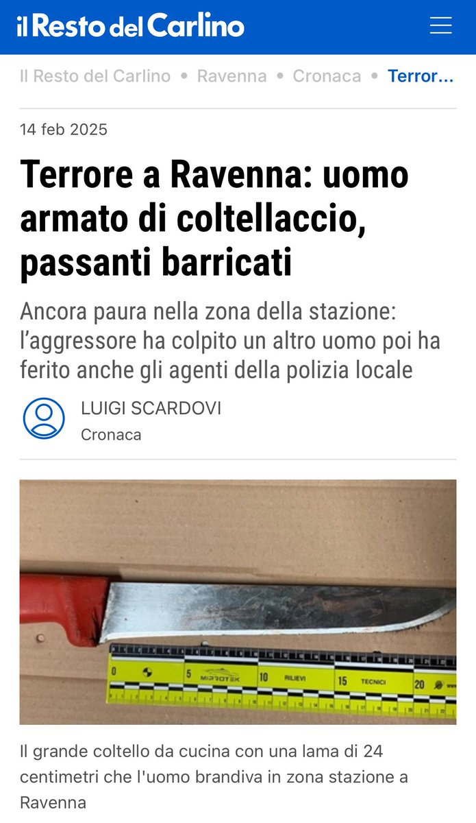 Città ostaggio della criminalità d’importazione 

Ravenna, zona stazione, un 25enne nordafricano ha seminato il panico tra i passanti, brandendo un coltello con cui poi ha accoltellato un uomo e ferito gli agenti della polizia locale. 

Addirittura, il personale e i clienti di un