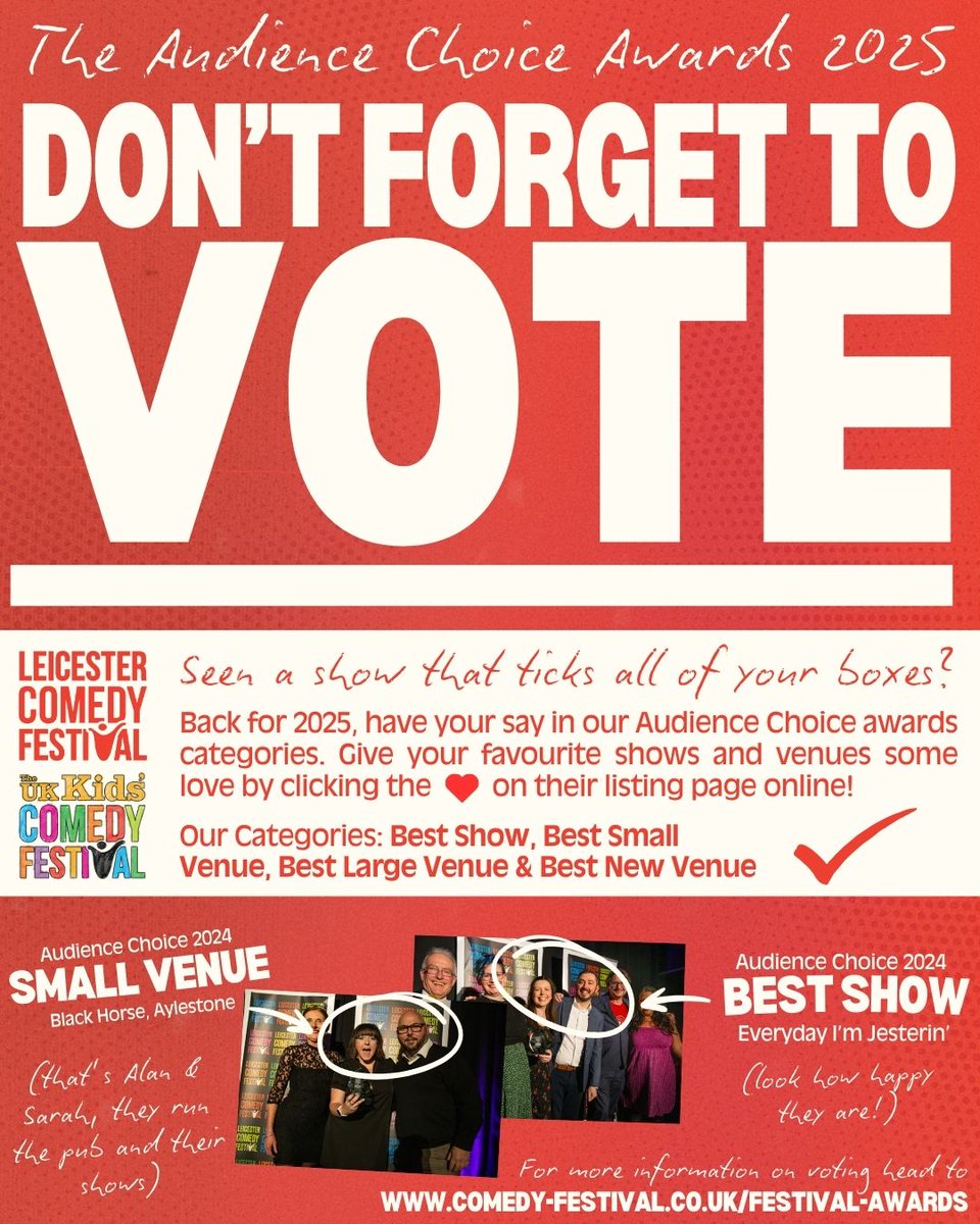 ✏️ IT'S ✏️ TIME ✏️ TO ✏️ VOTE  ✏️ Back for 2025, we're giving you the chance to vote in our audience choice awards categories  ⭐

Voting closes following the festival so make sure your vote is counted before then! 🕺

More info: comedy-festival.co.uk/festival-award…