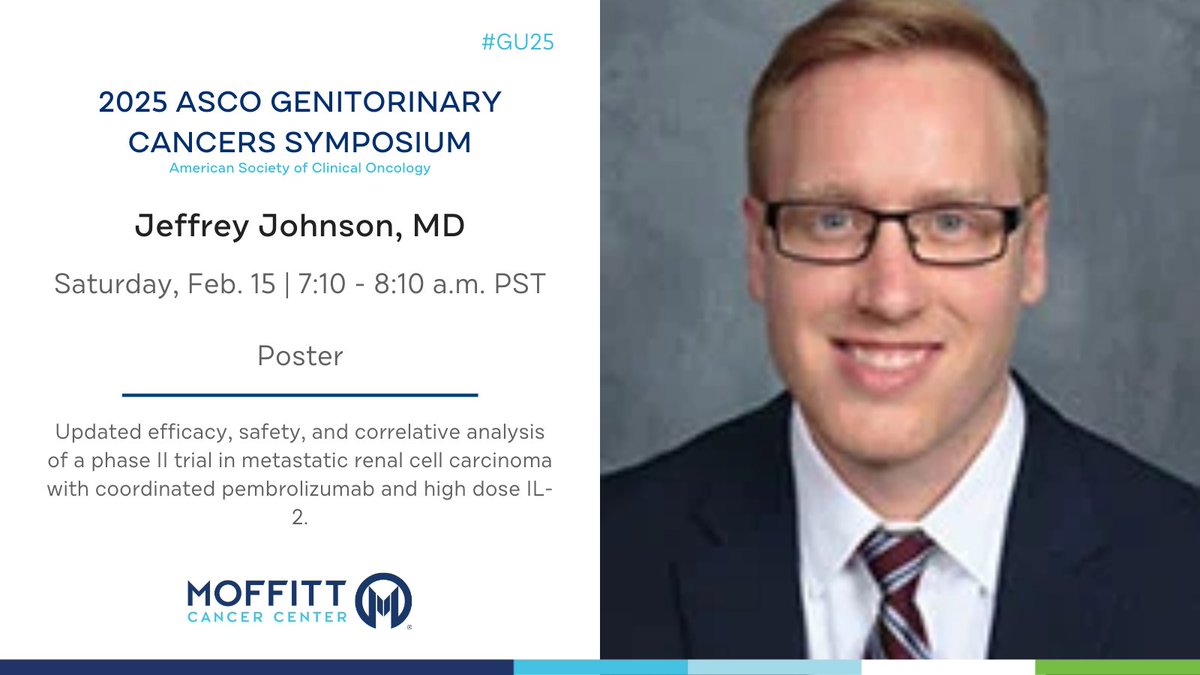 Tomorrow at ASCO #GU25: Jeffrey Johnson, MD presents an updated efficacy, safety, and correlative analysis of a phase II trial in metastatic renal cell carcinoma with coordinated pembrolizumab and high dose IL-2.

Read more: bit.ly/4jVn4x5
<a href="/ASCO/">ASCO</a>