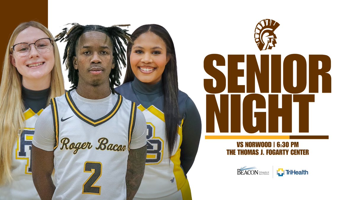Roger Bacon Athletics (@rbspartans) on Twitter photo 𝗦𝗲𝗻𝗶𝗼𝗿 𝗡𝗶𝗴𝗵𝘁
Help us honor Seniors Josh Cook, Kat Beyer, and Saryate Harris before tonight's 6:30 PM tip-off vs Norwood for Senior Night!
💻 tinyurl.com/3kuuk67w
#HailSpartans | <a href="/RB_SpartanHoops/">Roger Bacon Boys Basketball</a> 𝗦𝗲𝗻𝗶𝗼𝗿 𝗡𝗶𝗴𝗵𝘁
Help us honor Seniors Josh Cook, Kat Beyer, and Saryate Harris before tonight's 6:30 PM tip-off vs Norwood for Senior Night!
💻 tinyurl.com/3kuuk67w
#HailSpartans | <a href="/RB_SpartanHoops/">Roger Bacon Boys Basketball</a>