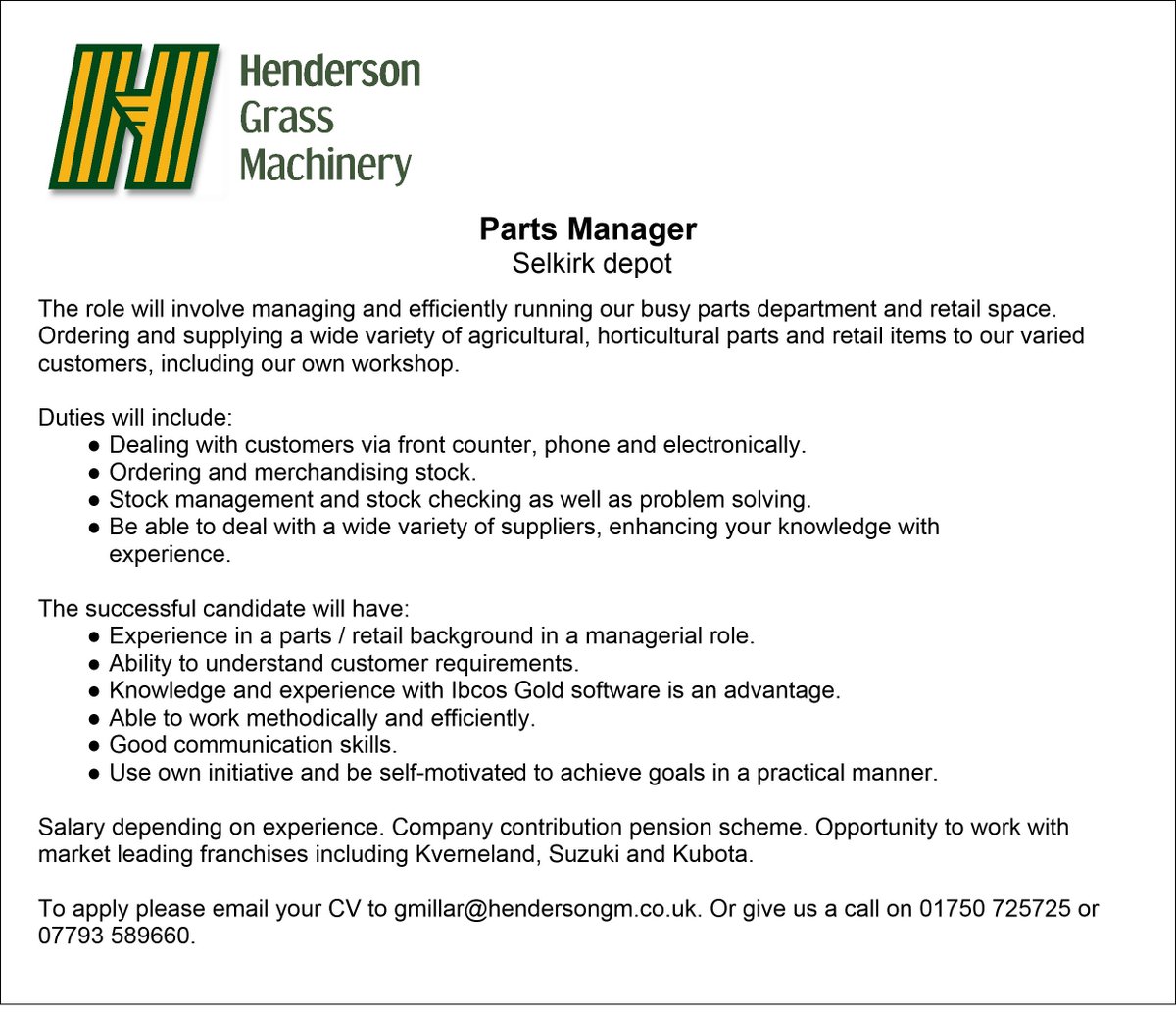 HendersonGMLtd's tweet photo. A vacancy is still available for a Parts Manager for our Selkirk depot - please share! https://t.co/eMcDI1YH9U