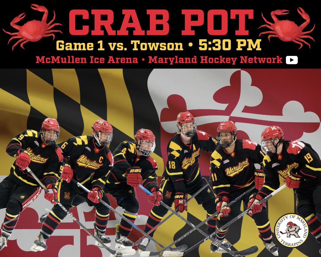 ITS CRAB POT GAME DAY # 1 🦀

Today we play Towson in game number 1 of the Crab Pot at 5:30 PM. We will be broadcasting live on YouTube on the Maryland Hockey Network!