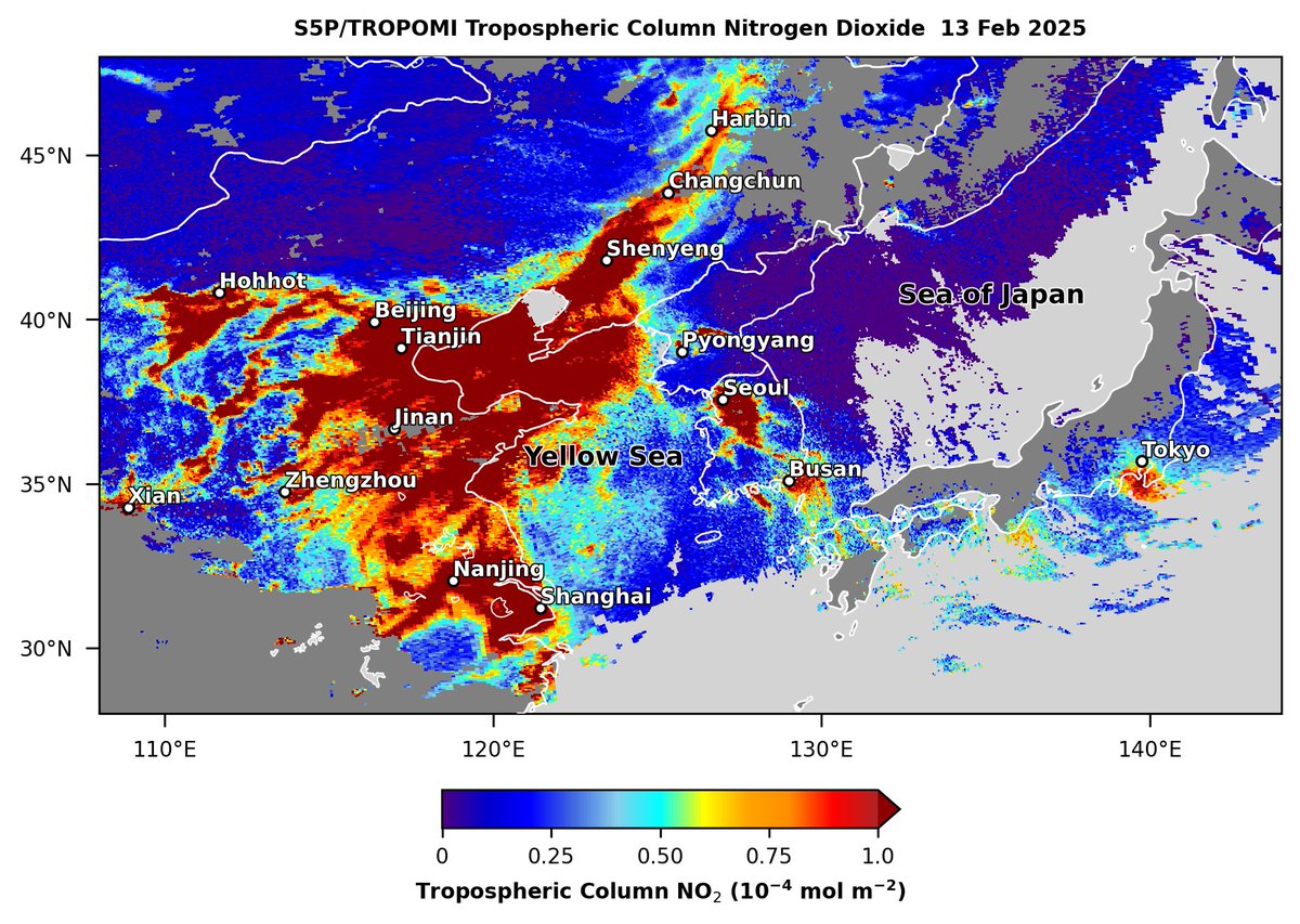 AerosolWatch (@aerosolwatch) on Twitter photo Under mostly clear skies across eastern Asia on Feb 13, Sentinel5-P <a href="/tropomi/">TROPOMI</a> observed high nitrogen dioxide (NO2) emissions (dark red shading) from urbanized regions of China, South Korea, North Korea & Japan. <a href="/CopernicusEMS/">Copernicus EMS</a> <a href="/NaegerAaron/">Aaron Naeger</a> Under mostly clear skies across eastern Asia on Feb 13, Sentinel5-P <a href="/tropomi/">TROPOMI</a> observed high nitrogen dioxide (NO2) emissions (dark red shading) from urbanized regions of China, South Korea, North Korea & Japan. <a href="/CopernicusEMS/">Copernicus EMS</a> <a href="/NaegerAaron/">Aaron Naeger</a>