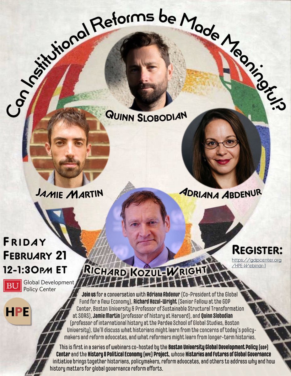 HPE Project (@hpe_project) on Twitter photo Next Friday! Join us as we launch our Histories and Futures of Global Governance initiative to bring policy reform advocates and historians into conversation.
First webinar: Feb 21 at 12pm EST with Adriana Abdenur, Richard Kozul-Wright, <a href="/jamiemartin2/">Jamie Martin</a>, and @zeithistoriker. Next Friday! Join us as we launch our Histories and Futures of Global Governance initiative to bring policy reform advocates and historians into conversation.
First webinar: Feb 21 at 12pm EST with Adriana Abdenur, Richard Kozul-Wright, <a href="/jamiemartin2/">Jamie Martin</a>, and @zeithistoriker.
