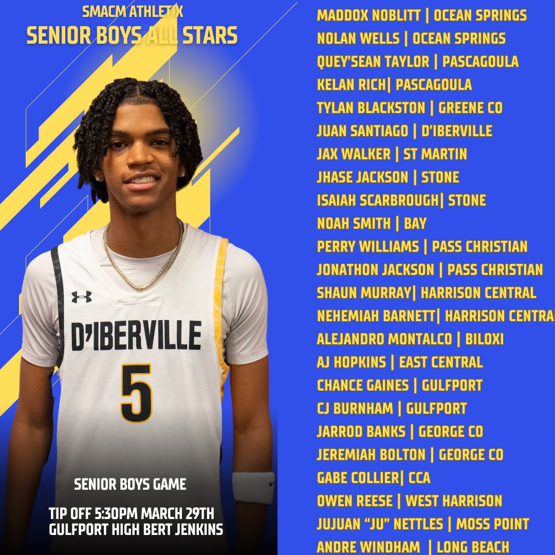 We are proud to introduce the Boys and Girls Junior and Senior SMACM ATHLETIX All stars. 

The game will be played Saturday March 29th at Gulfport High School at Bert Jenkins Gymnasium. If you see your name and accept the invite please contact me @ 228-669-6193.