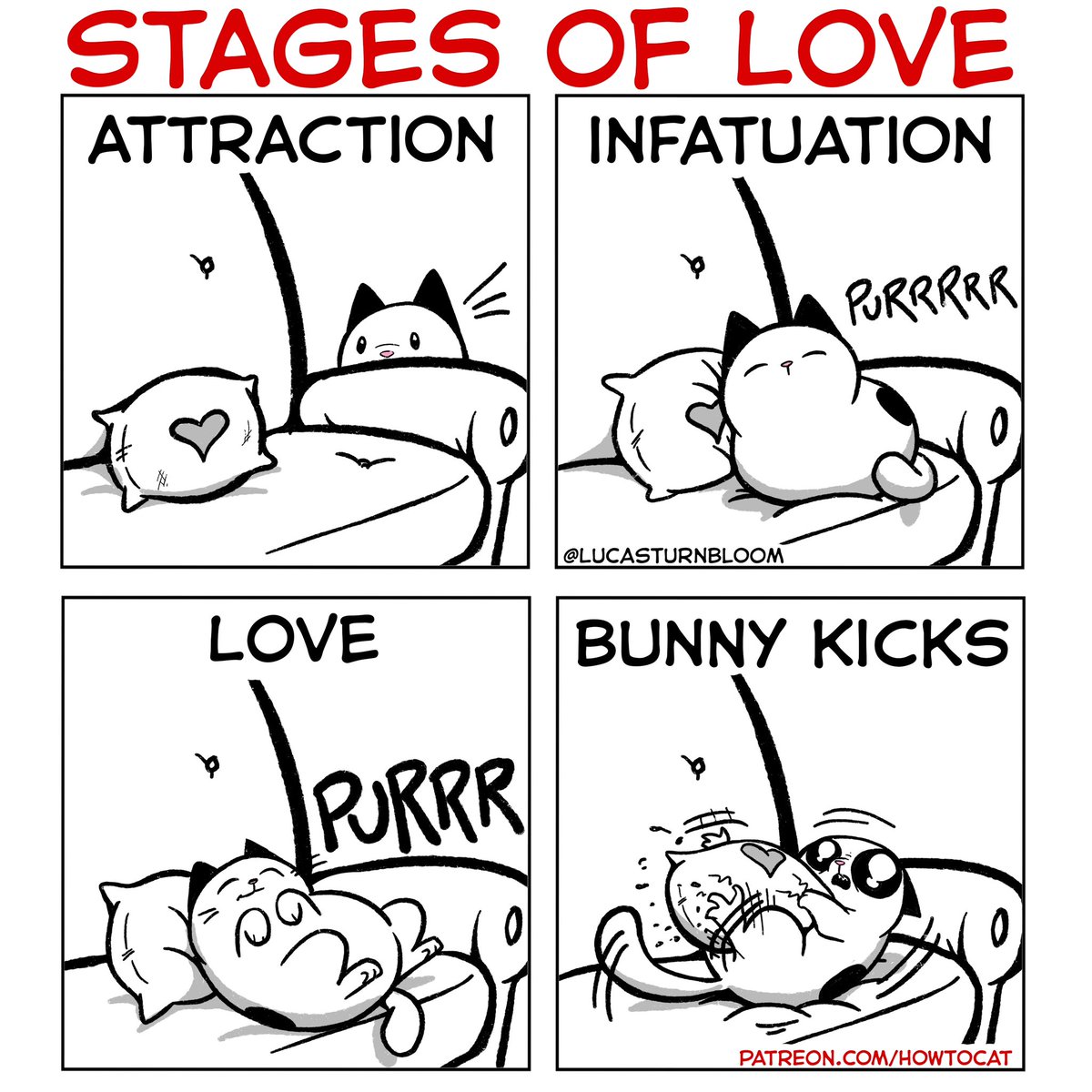 NEW COMIC: “Stages”
We got a new couch pillow. The cat likes it too much. Happy Valentine’s Day.
.
Subscribe on Patreon!
patreon.com/howtocat