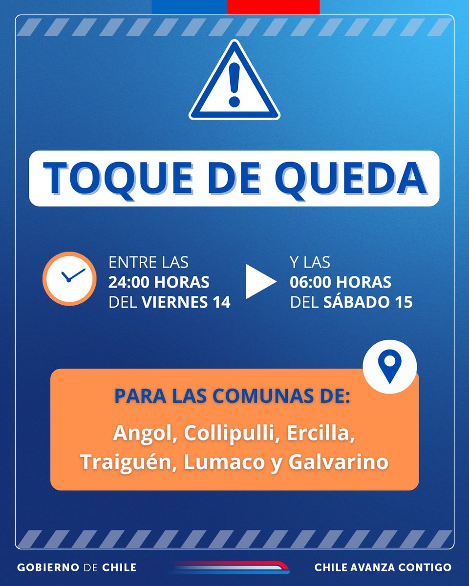 🔴CAMBIO DE HORARIO
Este viernes 14 de febrero el Toque de Queda comenzará a regir desde las 24:00 horas, hasta las 06:00 horas del sábado 15 de febrero. 

<a href="/min_interior/">Ministerio del Interior</a>
<a href="/GobiernodeChile/">Gobierno de Chile</a>
<a href="/SeGeGobAraucana/">Vocería Araucanía</a>