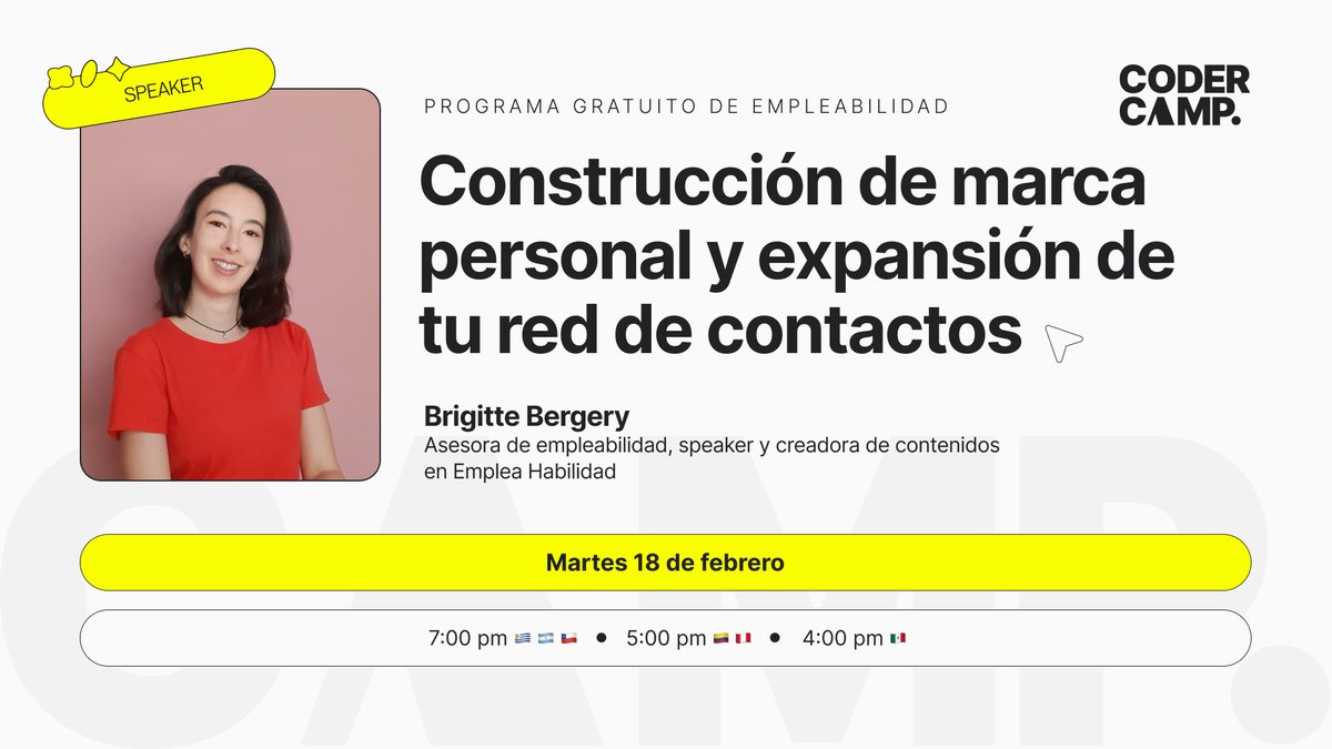 BBrigitte_HR's tweet image. #RT para ayudar a quien está en búsqueda laboral
El 18/02 arranca #CoderCamp programa gratuito y online sobre #empleabilidad donde vamos a darte todas las herramientas para que potencies tu habilidad de ser empleable.
Anotate en camp.coderhouse.com/?utm_source=bri
¡Y nos vemos el martes!
