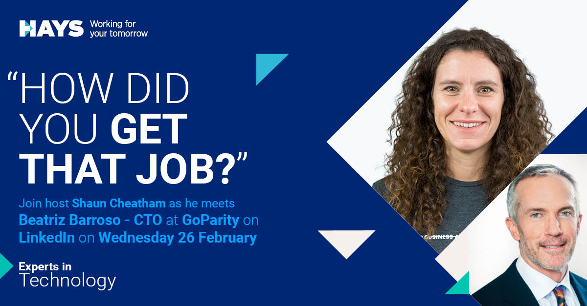 🎭 How can theatre training help you become a Chief Technology Officer? 
 
Beatriz Barroso at GoParity joins the next ‘How Did You Get That Job?’ show to discuss:
 
💻 Coding bootcamps 
💡 Creativity in tech 
🗣️ Leadership styles 
 
Sign up on LinkedIn 👇
link.hays.com/3EFee6q.