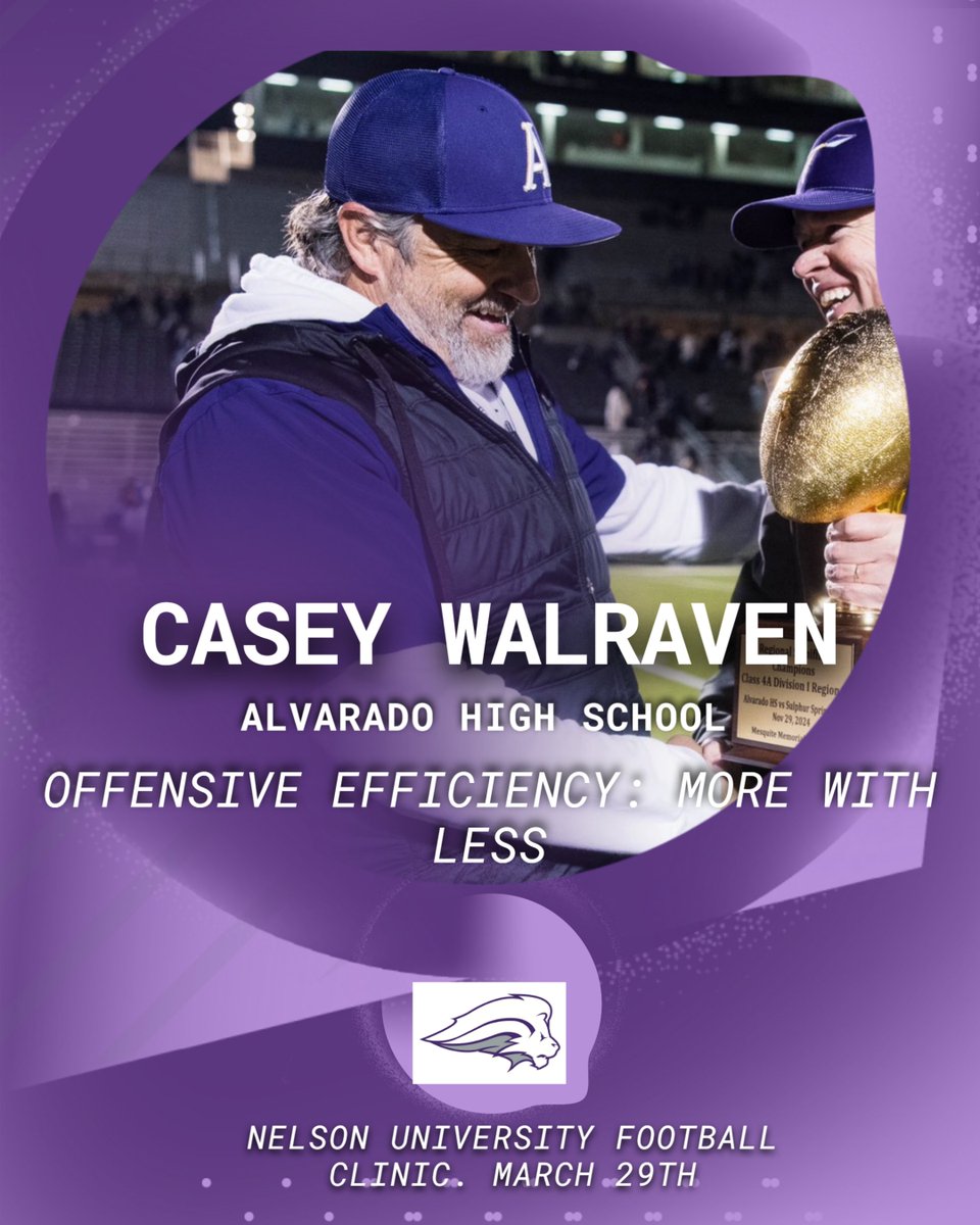 Nelson University Football Clinic- Speaker #5 <a href="/CoachWalraven/">Casey Walraven</a> 

"Offensive Efficiency: More with less" 

-$25 Per Coach  
-$100 for entire staff   

Saturday, March 29th
Register Today ⬇️
forms.gle/hJYRQ3KFsrYVNe…

#STANDFIRM